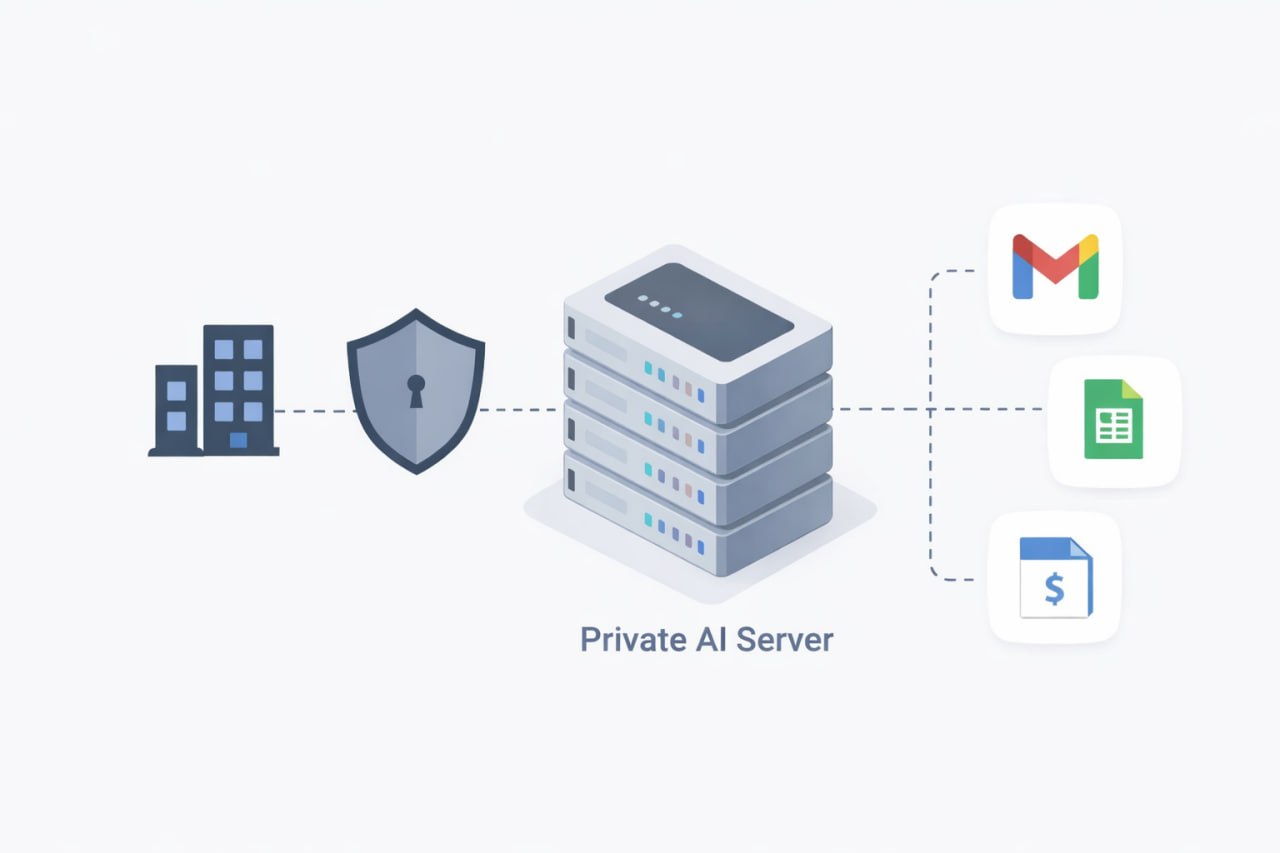 Private AI Server Architecture - showing company data flowing through security shield to private AI server connected to Gmail, Sheets, and invoicing systems