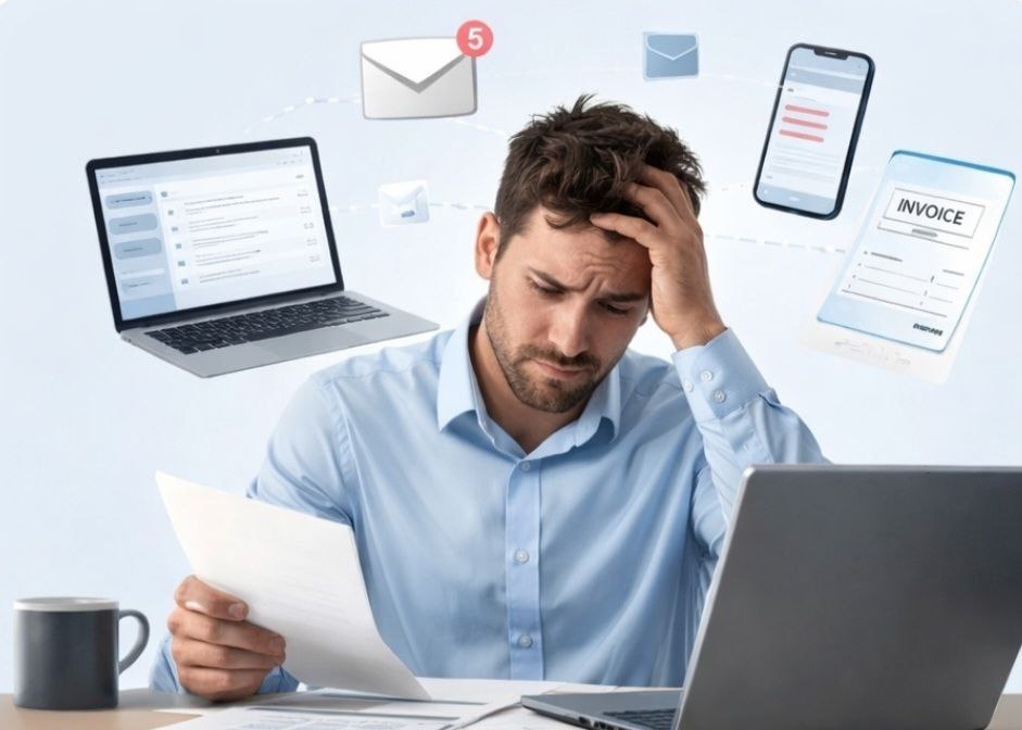 Stressed founder overwhelmed with emails, invoices and multiple tasks
